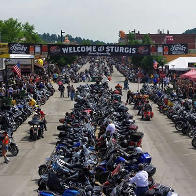 Hundreds of motorcycles line the streets in Sturgis, South Dakota. 