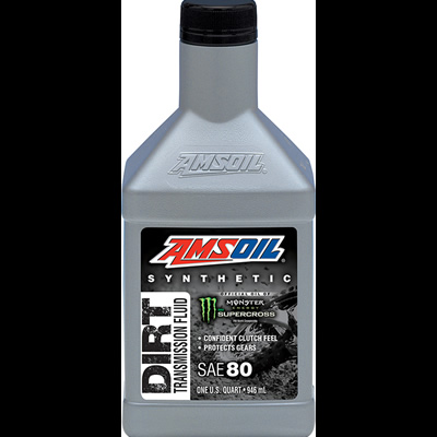 Picture of Amsoil Synthetic Dirt Bike transmission fluid in bottle. 