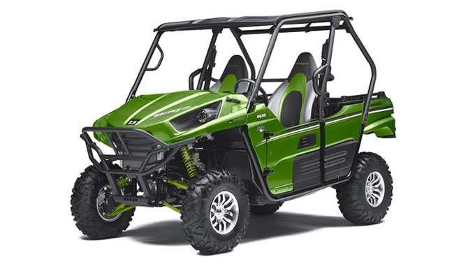 Picture of green Kawasaki Teryx off-road vehicle. 