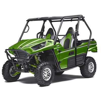 Picture of green Kawasaki Teryx off-road vehicle. 