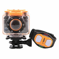 An orange WASPcam helmet camera with wireless wrist remote. 