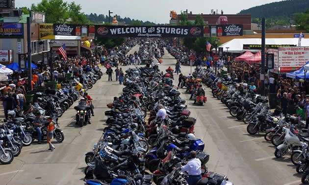 Hundreds of motorcycles line the streets in Sturgis, South Dakota. 