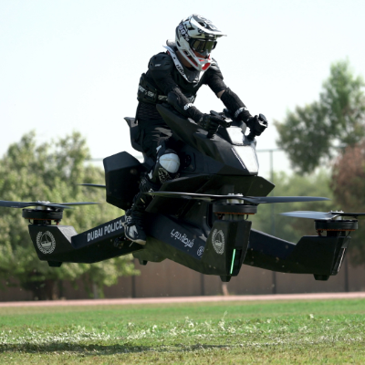 A true all-terrain vehicle—the hoverbike doesn’t even need terrain—it flies! 