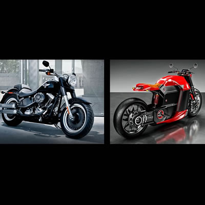 Picture of a Harley-Davidson Fat Boy motorcycle, and a prototype Model M Tesla motorcycle. 