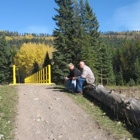 A man and a woman sitting in front of a bridge