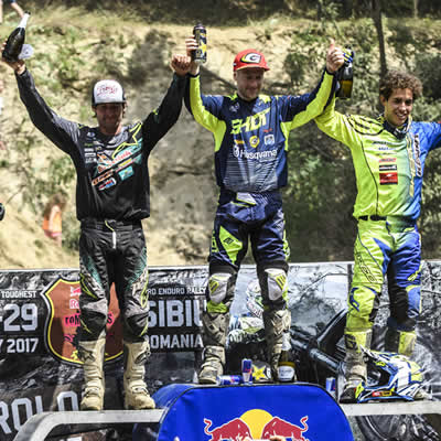 Graham Jarvis on the top step of the podium after the 2017 Red Bull Romaniacs. 