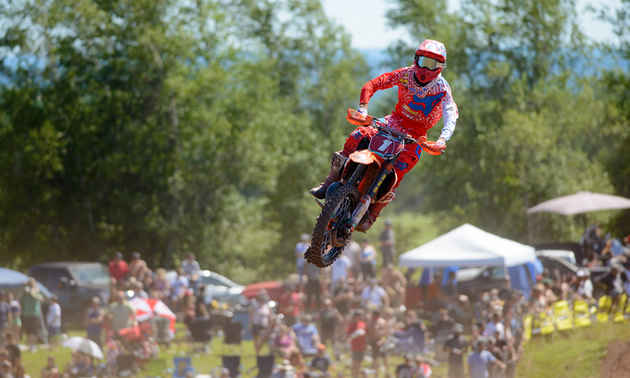 Kaven Benoit airs out his KTM on a dirt track in Moncton, New Brunswick. 