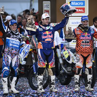 The winners of 2014 Dakar Rally on the podium. 