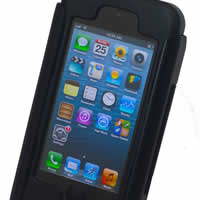 Photo of an Apple iPhone 5 in a protective case. 