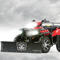 A red Sportsman quad with a snow plow on it. 