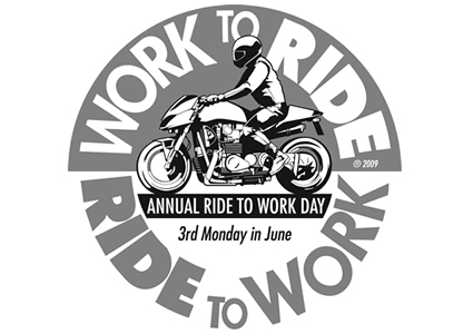 Logo with a guy on a motorcycle in the middle. 