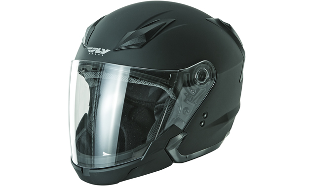 Photo of a black helmet with a shield. 